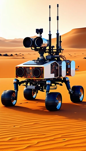 A Futuristic Robotic Vehicle With A Large Number Of Wheels, Standing In A Desert-like Environment
