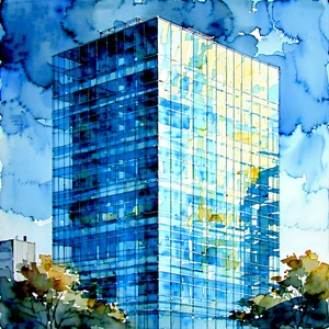 Urban Gouache Painting: Glass Office Tower With Reflective Glass With Large Building
