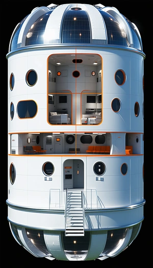 A Large White And Orange Space Station Is Shown In A 3d Model