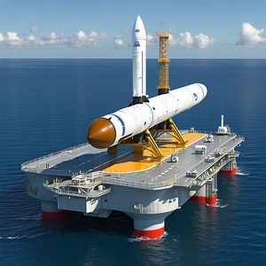 A Large White Rocket Ship Is Sitting On A Floating Platform In The Ocean