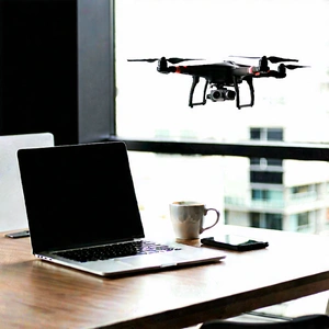 Business Drone Photography: Workplace With Laptop And Coffee On Desk With Laptop Computer