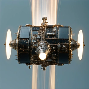 A Futuristic Spacecraft Is Shown In A Close-up View, With Its Engine Glowing Brightly