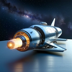A Space Shuttle Is Shown In A Close-up View, With Its Engine Lit Up