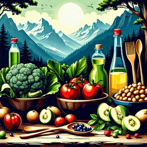 Lifestyle Woodcut Print: Wellness Scene With Healthy Food With Image, There