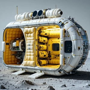 A Large, White Spacecraft With A Hatch Open, Revealing A Spacious Interior