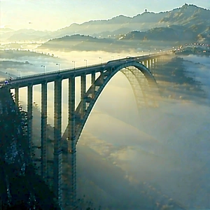 Urban Technical Illustration: Iconic Bridge With Morning Mist With Bridge Seen