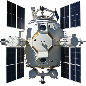 A Large Spacecraft With A White And Gold Exterior, Resembling A Space Shuttle