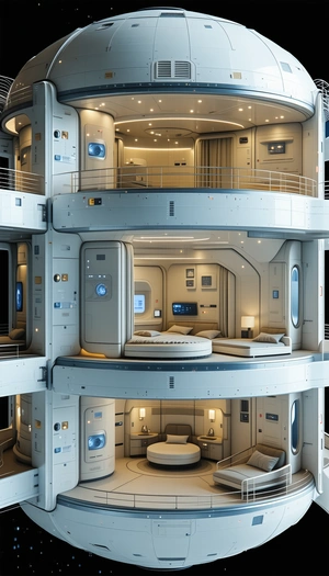 A Futuristic Space Ship With A Large Bedroom Area
