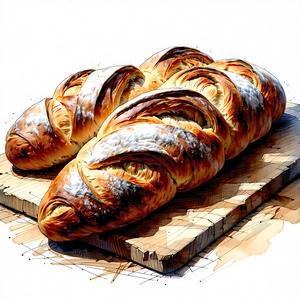 Lifestyle Ink Drawing: Artisanal Bread Prepared With Organic Components With Wooden Table