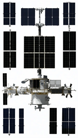 The Image Is A White Drawing Of A Space Station, Which Appears To Be A Large Satellite
