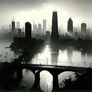 Urban Charcoal Drawing: Cityscape Of Urban Skyline During Sunset With Black White