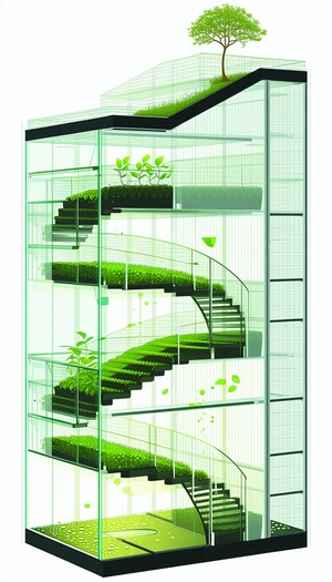 A Large Glass Building Has A Spiral Staircase That Leads To A Green Garden On The Top Floor