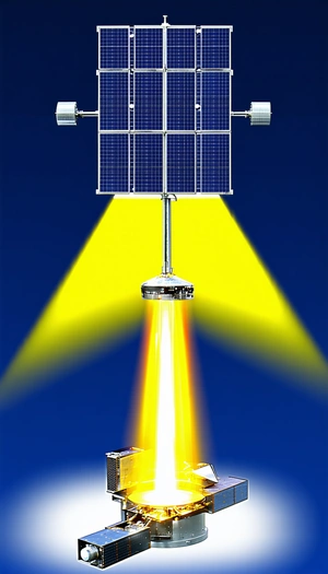 A Futuristic Spacecraft With A Solar Panel On Top, Floating In The Air