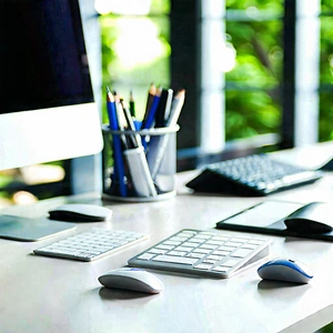 Business Tilt-Shift Photography: Workplace with modern office supplies on desk