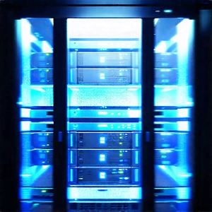 Server Rack With Blue Light Glow With Large Blue