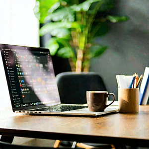 Business Macro Photography: Workplace With Laptop And Coffee On Desk With Laptop Computer