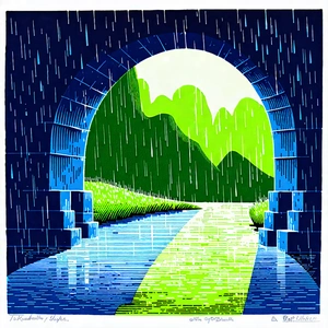 Nature Linocut Print: Natural Arch In Rainy Season With Beautifully Drawn