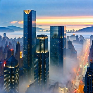 Urban Geometric Design: Cityscape Of (modern:1.11) Metropolis During Foggy Morning With Nighttime View