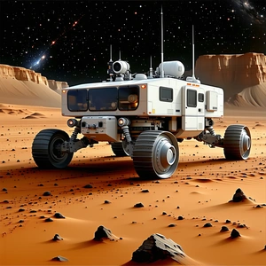 A Large White Vehicle, Possibly A Spacecraft Or A Rover, Driving Across A Rocky Terrain