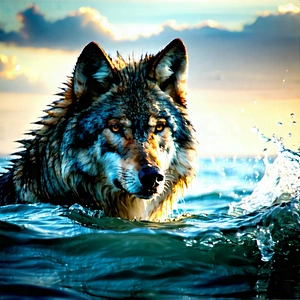 Nature Macro Photography: Wolf In Ocean Waters With Wolf Standing