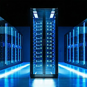 Tech Advertising Photography: Server Rack With Holographic Projection With Large, Blue,