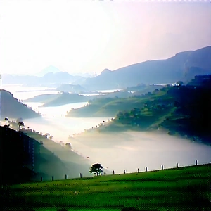 Nature Lithograph: Valley During Foggy Morning With Beautiful Landscape