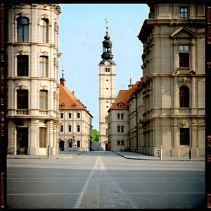 Urban Lithograph: Urban Street With Historic Buildings With Black White