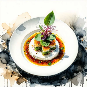 Lifestyle Ink Drawing: Plant-based Dish Prepared With Artistic Presentation With White Plate