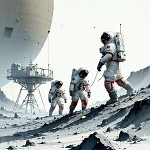 In The Image, There Are Three Astronauts Walking On A Rocky Surface, Possibly On The Moon