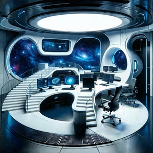 Tech Aerial Photography: (futuristic:1.48) (digital:1.2) Workspace With Futuristic Office,