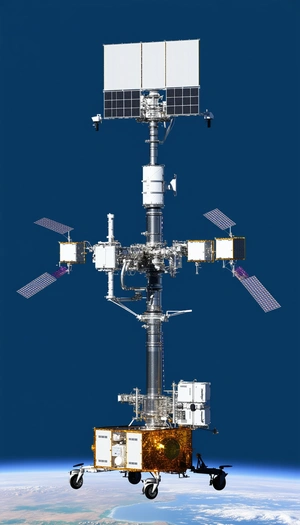 A Large Satellite Is Mounted On A Tall Pole, With A Variety Of Smaller Satellites Attached To It