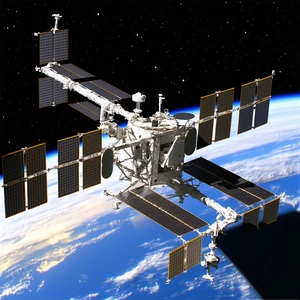 A Large Spacecraft With A Satellite Dish On Its Side, Floating In The Sky
