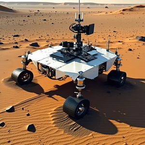 A White Robotic Vehicle With A Large Camera On Top Of It, Driving Across A Sandy Terrain