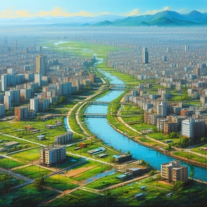 Urban Oil Painting: Aerial View Of Urban Renewal Area With Painting City