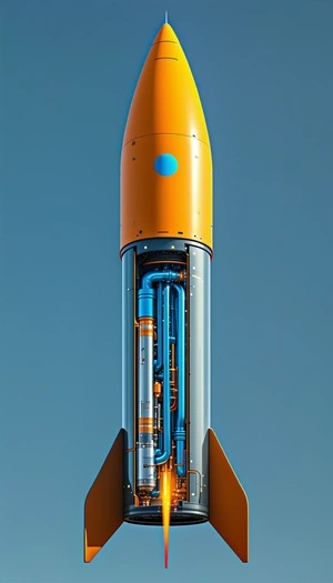 A Large Orange Rocket Is Shown In A Close-up View, With Its Engine And Fuel Lines Visible