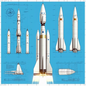 A Blue Drawing Of A Rocket Ship Is Shown In A Series Of Different Stages