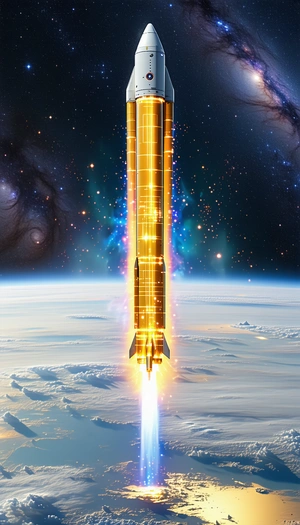 A Rocket Ship Flying Through The Sky, With A Bright Light Emanating From Its Rear