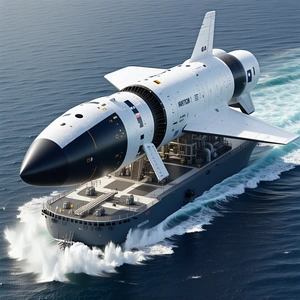 A Large White Space Shuttle Is Being Transported On The Back Of A Large Boat
