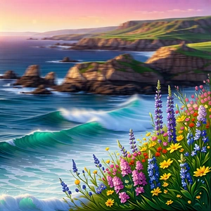 Nature Advertising Photography: Ocean Waves Surrounded By Wildflowers With Beautiful Beach