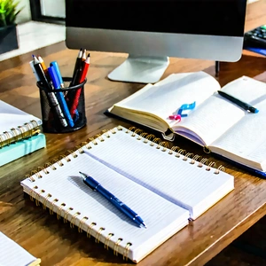 Business Digital Art: Workplace with notebooks and pens on desk