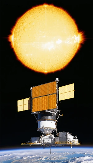 A Large Yellow Satellite Is Shown In The Image, With A Bright Sun In The Background