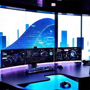 Futuristic Digital Workspace With Computer Desk