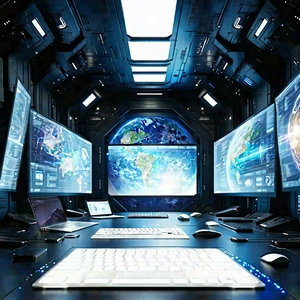 Futuristic (digital:1.24) Workspace With Image, There
