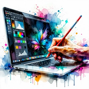 Tech Gouache Painting: Laptop with user interface