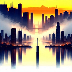 Urban Woodcut Print: Cityscape Of Modern Metropolis During Foggy Morning With Painting Cityscape