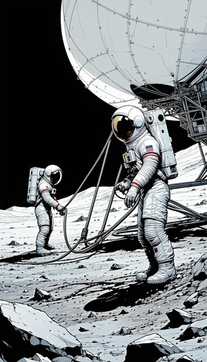 In The Image, There Are Two Astronauts Standing On The Moon, Wearing White Suits
