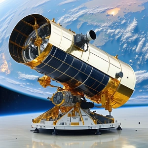 A Large, Gold-colored Satellite Dish On A White Pedestal, Situated On A Flat Surface