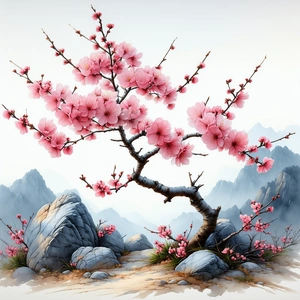 Nature Pastel Drawing: Cherry Blossoms In Rocky Terrain With Beautiful Tree