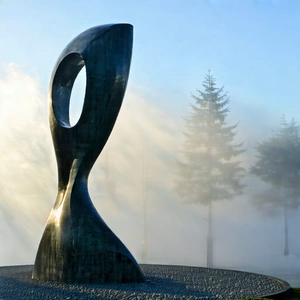 Urban Editorial Photography: Modern Sculpture With Morning Mist With Large, Modern