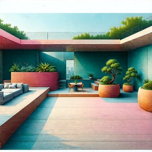 Urban Pastel Drawing: Rooftop garden with shopping